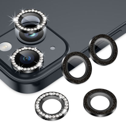 Picture of AGVEE 3+3 for iPhone 14 6.1" / 14 Plus 6.7" Camera Lens Protector, Bling Diamond & Bling Glitter Metal Ring 9H Tempered HD Glass Camera Screen Protector Cover Film, Black