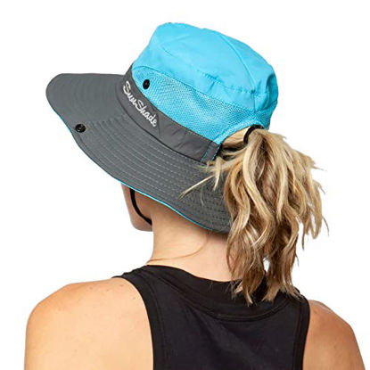 Picture of Women's Outdoor UV-Protection-Foldable Sun-Hats Mesh Wide-Brim Beach Fishing Hat with Ponytail-Hole (Blue)