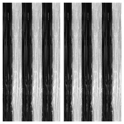 Picture of KatchOn, Black and Silver Fringe Curtain - Large, 6.4x8 Feet, Pack of 2 | Black and Silver Streamers Party Decorations | Black and Silver Foil Fringe Curtain, Silver Graduation Party Decorations 2023