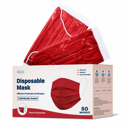 Picture of WECARE Disposable Face Mask Individually Wrapped - 50 Pack, Red Masks 3 Ply