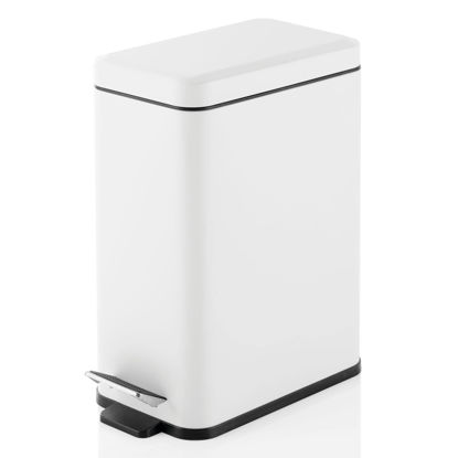 Picture of mDesign Slim Metal Rectangle 2.6 Gallon Trash Can with Step Pedal, Easy-Close Lid, Removable Liner - Narrow Wastebasket Garbage Container Bin for Bathroom, Bedroom, Kitchen, Office - White