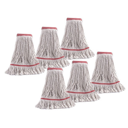 Picture of Matthew Cleaning Heavy Duty Mop Head Commercial Replacement for General and Floor Cleaning , Wet Industrial Blue Cotton Looped End String Head Refill (Pack of 6) White