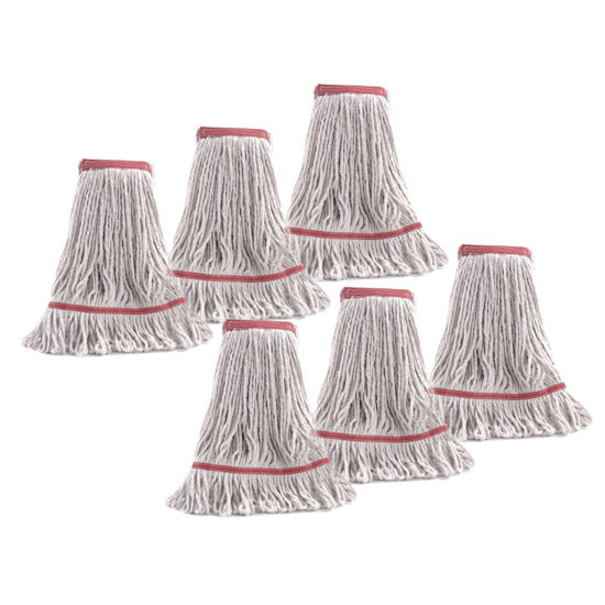 Picture of Matthew Cleaning Heavy Duty Mop Head Commercial Replacement for General and Floor Cleaning , Wet Industrial Blue Cotton Looped End String Head Refill (Pack of 6) White