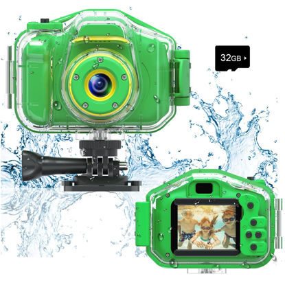 Picture of Agoigo Kids Waterproof Camera Toys for 3-12 Year Old Boys Girls Christmas Birthday Gifts HD Children's Digital Action Camera Child Underwater Sports Camera 2Inch Screen with 32GB Card (Green)