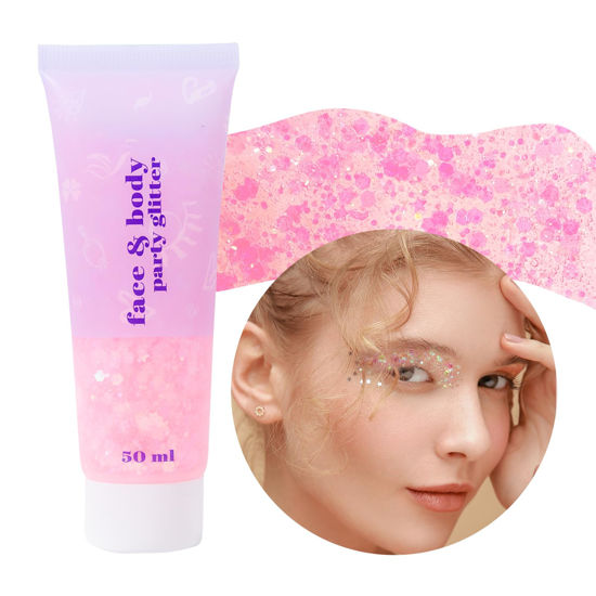 Picture of DAGEDA Body Glitter Gel, Face Glitters Body Gel Sequins Shimmer Liquid Eyeshadow, Chunky Glitter for Face Hair Nails, Holographic Cosmetic Laser Powder Festival Glitter Makeup 1.7oz (Light Pink)