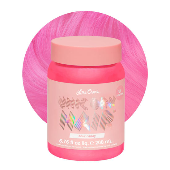 Picture of Lime Crime Unicorn Hair Dye Full Coverage, Sour Candy (Bright Pink) - Vegan and Cruelty Free Semi-Permanent Hair Color Conditions & Moisturizes - Temporary Pink Hair Dye With Sugary Citrus Vanilla Scent