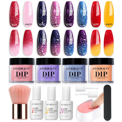 Picture of AZUREBEAUTY Color Changing Dip Powder Nail Kit Starter, Fall Winter 12 Pcs Glitter Pink Blue Purple Orange Mood Temperature Change Dipping Powder Liquid Set with Base Top Coat Activator for Home Manicure Gift