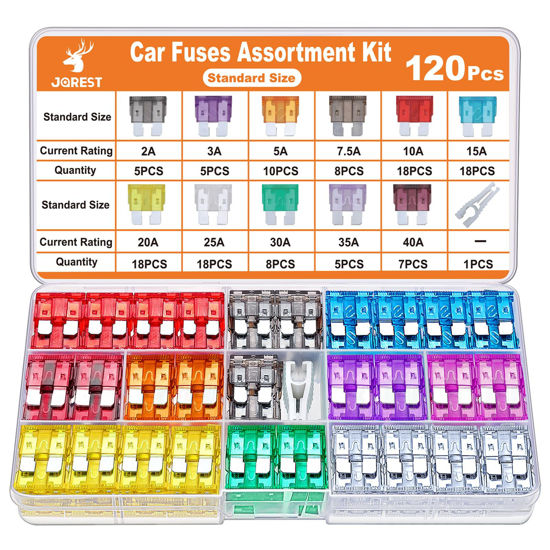 Picture of JOREST 120Pcs Car Fuse Kit - Replacement Fuses Assortment Kit for Car/RV/Truck/Motorcycle(2Amp 3A 5A 7.5A 10A 15A 20A 25A 30A 35A 40A) - Standard Blade Fuses Automotive + Auto Fuse Puller