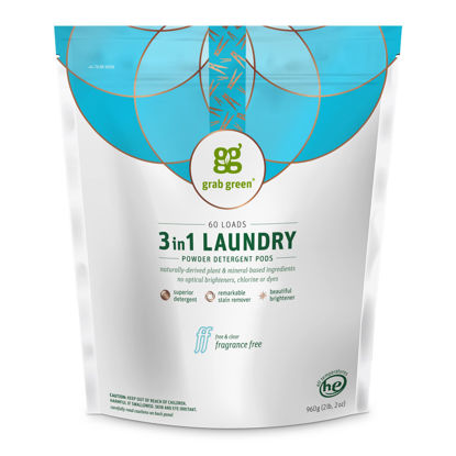 Picture of Grab Green 3-in-1 Laundry Detergent Pods, 60 Count, Fragrance Free, Plant and Mineral Based, Superior Cleaning Power, Stain Remover, Brightens Clothes
