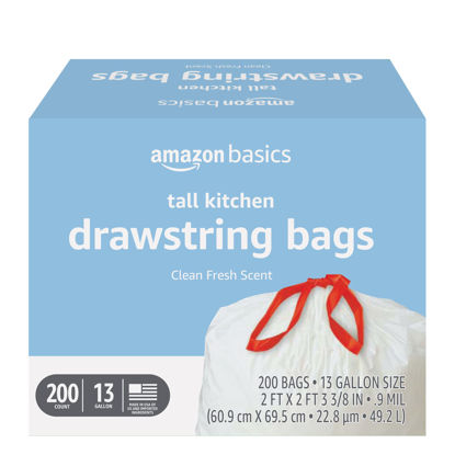 Picture of Amazon Basics Tall Kitchen Drawstring Trash Bags, Clean Fresh Scent, 13 Gallon, 200 Count (Previously Solimo)
