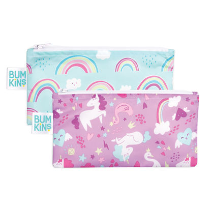 Picture of Bumkins Snack Bags, Reusable Fabric, Washable, Food Safe, BPA Free - Unicorns & Rainbows (2-Pack)