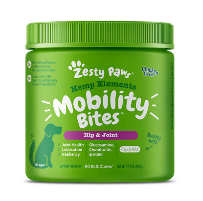 Picture of Zesty Paws Mobility Bites Dog Joint Supplement - Hip and Joint Chews for Dogs - Pet Products with Glucosamine, Chondroitin, & MSM + Vitamins C and E for Dog Joint Relief - Hemp - Chicken - 90 Count