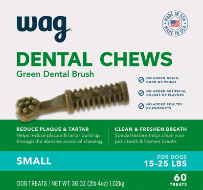 Picture of Amazon Brand - Wag Dental Dog Treats to Help Clean Teeth & Freshen Breath, Small Dogs (15 - 25 lb), Unflavored, 60 Count