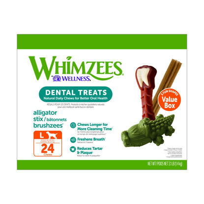 Picture of WHIMZEES by Wellness Long lasting Dog Chews Value Box: All Natural Grain Free Treats to Help Clean Teeth & Reduce Plaque & Tartar - for Dogs 40-60 Lbs - 24 Count