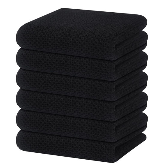 Picture of Homaxy 100% Cotton Waffle Weave Kitchen Dish Towels, Ultra Soft Absorbent Quick Drying Cleaning Towel, 13 x 28 Inches, 6-Pack, Black