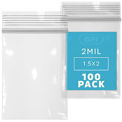 Picture of Clear Plastic Reusable Zip Bags - Bulk GPI Pack of 100 1.5" x 2" 2.5 mil Thick Strong Poly Baggies with Resealable Zip Top Lock for Pills, Meds, Jewelry, Travel, Storage, Packaging & Shipping.