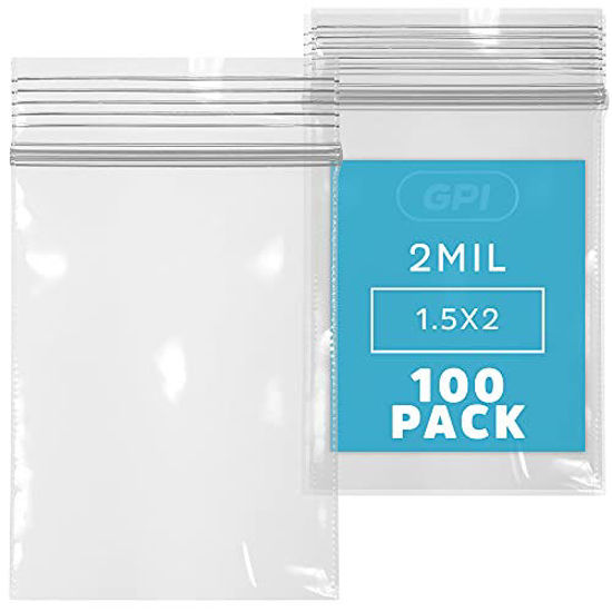 Picture of Clear Plastic Reusable Zip Bags - Bulk GPI Pack of 100 1.5" x 2" 2.5 mil Thick Strong Poly Baggies with Resealable Zip Top Lock for Pills, Meds, Jewelry, Travel, Storage, Packaging & Shipping.