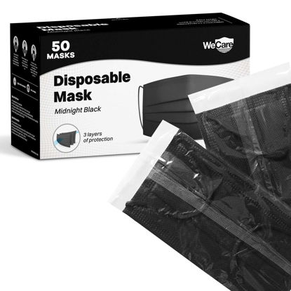 Picture of WECARE Disposable Face Mask Individually Wrapped - 50 Pack, 3 Ply Black Masks