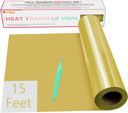 Picture of HTVRONT HTV Vinyl Rolls Heat Transfer Vinyl - 12" x 15ft Gold HTV Vinyl for Shirts, Iron on Vinyl for Cricut & Cameo - Easy to Cut & Weed for DIY Heat Vinyl Design (Gold)