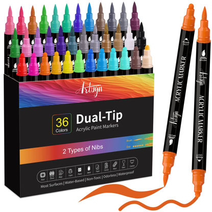Picture of 36 Colors Acrylic Paint Pens, Dual Tip Pens With Medium Tip and Brush Tip, Paint Markers for Rock Painting, Ceramic, Wood, Plastic, Calligraphy, Scrapbooking, Brush Lettering, Card Making, DIY Crafts