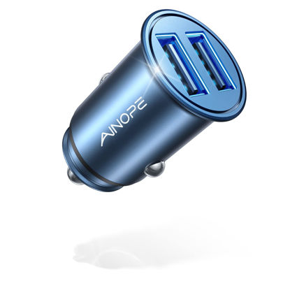Picture of Car Charger, AINOPE Smallest 4.8A All Metal Car Charger Adapter Fast Charge USB Car Charger Flush Fit Compatible with iPhone 13/12/11 pro/XR/x/7/6s, iPad Air 2/Mini 3, Samsung Note 9/S10/S9/S8-Blue