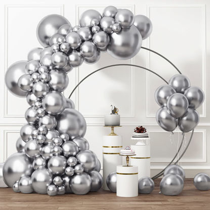 Picture of RUBFAC Silver Balloons Different Sizes 105pcs 5/10/12/18 Inch Metallic Silver Balloon Garland for Birthday Wedding Baby Shower Graduation Party Decorations