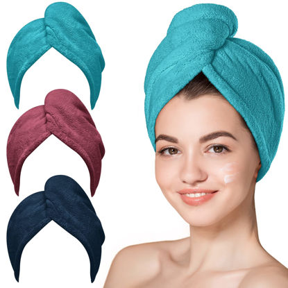 Picture of Hicober Microfiber Hair Towel, Hair Towel Wrap Turbans for Women,Hair Drying Towel Wrap Hair Accessories for Women Girls-Plum,Navy,Aqua Green,3Packs