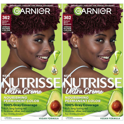 Picture of Garnier Hair Color Nutrisse Nourishing Creme, 362 Darkest Berry Burgundy (Raspberry Jam) Red Permanent Hair Dye, 2 Count (Packaging May Vary)