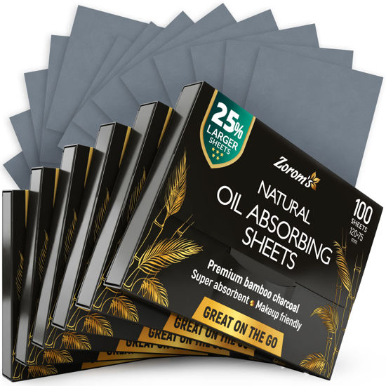 Picture of Natural Blotting Paper for Oily Skin with Bamboo Charcoal - 25% Larger - 6pk/600 Oil Blotting Sheets for Face - Makeup Friendly - Easy To Grab One