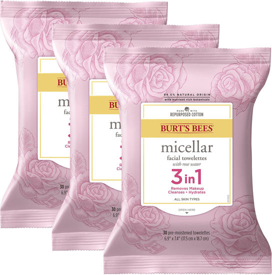 Picture of Burt's Bees Face Wipes, Makeup Remover Facial Cleansing Towelettes for All Skin Types, 3 in 1 Hydrating Micellar Cleanser with Rose Water, 30 Count (Pack Of 3)