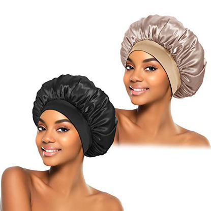 Picture of 2Pcs Silk Bonnet for Sleeping, Satin Hair Bonnets, Soft Elastic Band Silk Sleep Cap, Silk Hair Wrap for Curly Hair (Black Gold)