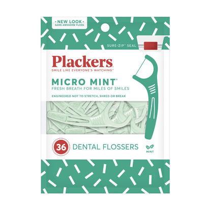 Picture of Plackers Micro Mint Dental Flossers, Fold-Out Toothpick, Super Tuffloss, Easy Storage with Sure-Zip Seal, Fresh Mint Flavor, 36 Count