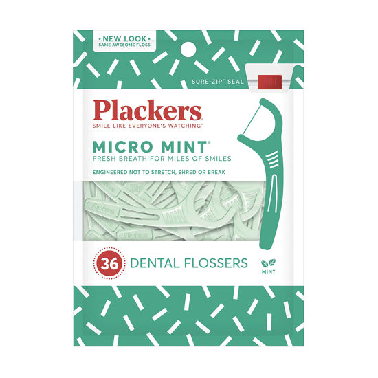 Picture of Plackers Micro Mint Dental Flossers, Fold-Out Toothpick, Super Tuffloss, Easy Storage with Sure-Zip Seal, Fresh Mint Flavor, 36 Count