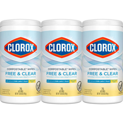 Picture of Clorox Free & Clear Compostable Cleaning Wipes, Light Lemon Scent, 75 Count, Pack of 3 (Pack May Vary)