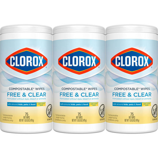 Picture of Clorox Free & Clear Compostable Cleaning Wipes, Light Lemon Scent, 75 Count, Pack of 3 (Pack May Vary)