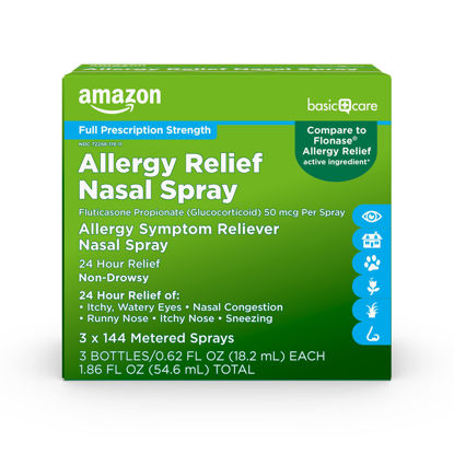 Picture of Amazon Basic Care 24-Hour Allergy Relief Nasal Spray, Fluticasone Propionate (Glucocorticoid) 50 mcg, Full Prescription Strength, Non-Drowsy, 0.62 Fl Oz (3 Pack)