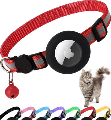 Picture of Airtag Cat Collar Breakaway, Reflective Kitten Collar with Apple Air Tag Holder and Bell for Girl Boy Cats, 0.4 Inches in Width and Lightweight (Red)