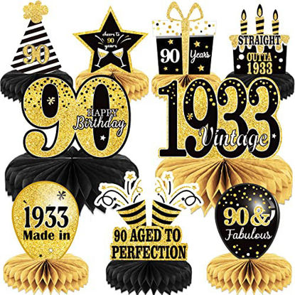 Picture of 9PCS 90th Birthday decorations 90th birthday Centerpieces for Tables Decorations Vintage 1933 Honeycomb Table Topper Back in 1933 90th Birthday Decorations for Men and Woman 90 Years Birthday Party