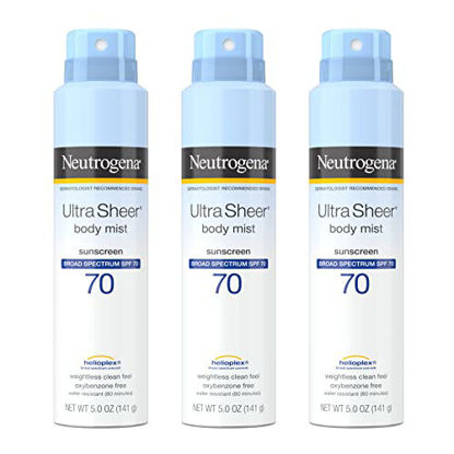 Picture of Neutrogena Ultra Sheer Body Mist SPF 70 Sunscreen Spray, Broad Spectrum UVA/UVB Protection, Lightweight, Non-Greasy Water Resistant Body Sunscreen Mist, Non-Comedogenic, 5 oz