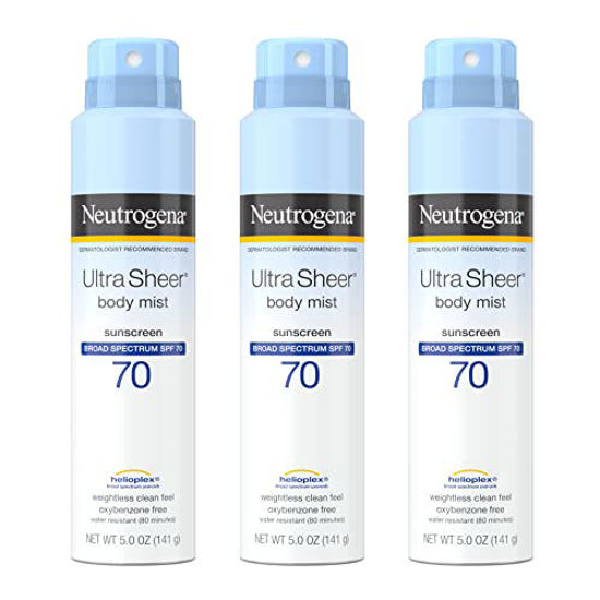 Picture of Neutrogena Ultra Sheer Body Mist SPF 70 Sunscreen Spray, Broad Spectrum UVA/UVB Protection, Lightweight, Non-Greasy Water Resistant Body Sunscreen Mist, Non-Comedogenic, 5 oz