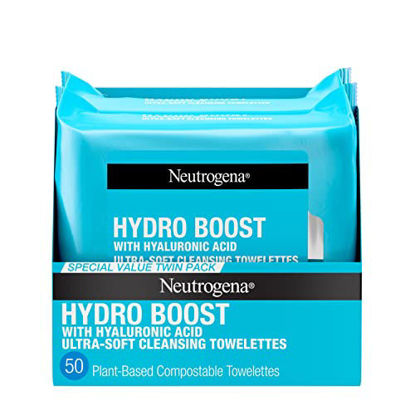 Picture of Neutrogena Hydro Boost Facial Cleansing Towelettes + Hyaluronic Acid, Hydrating Makeup Remover Face Wipes Remove Dirt & Waterproof Makeup, Hypoallergenic, 100% Plant-Based Cloth, 2 x 25 ct