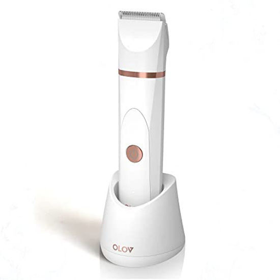 Picture of OLOV Bikini Trimmer Women - Wet/Dry Body Shaver Groomer, Replaceable Ceramic Blade Heads, USB Recharge Dock & Nosetrimmer Head Heads, Waterproof Male Hygiene Razor, White