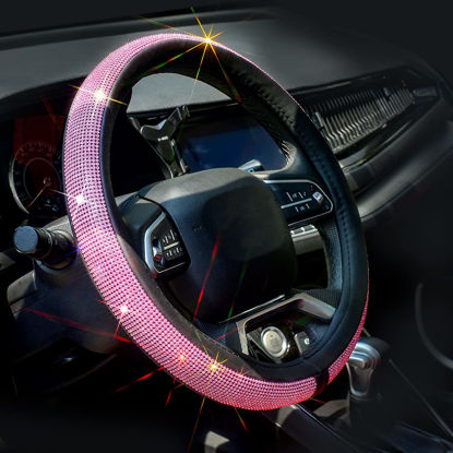 Picture of ChuLian New Diamond Leather Steering Wheel Cover with Bling Bling Crystal Rhinestones, Universal Fit 15 Inch Car Wheel Protector for Women Girls Pink Diamond