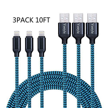 Picture of Yostyle Lightning Cable 3Pack 10ft iPhone Charger Extra Long Nylon Braided Lightning to USB Charge and Data Sync Cable Cord Compatible with iPhone X/8/8 Plus/7 Plus 6s/6s Plus/6/6 Plus/5s/5/SE, iPad