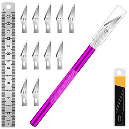 Picture of DIYSELF 1 Pcs Craft Knife Hobby Knife Exacto Knife with 11 Pcs Stainless Steel Exacto Blade Kit, 1pcs Steel 15CM Ruler for Art, Scrapbooking, Stencil (Purple)