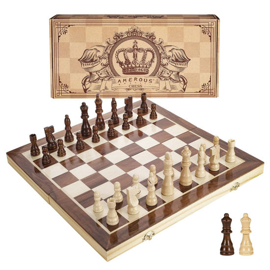 Picture of AMEROUS 15 Inches Magnetic Wooden Chess Set - 2 Extra Queens - Folding Board, Handmade Portable Travel Chess Board Game Sets with Game Pieces Storage Slots - Beginner Chess Set for Kids and Adults