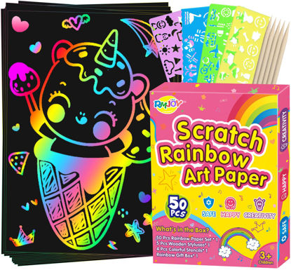 Picture of RMJOY Rainbow Scratch Paper Sets: 59pcs Magic Art Craft Scratch Off Papers Supplies Kits Pad for Age 3-12 Kids Girl Boy Teen Toy Game Gift for Birthday|Christmas|Halloween|DIY Activities|Painting