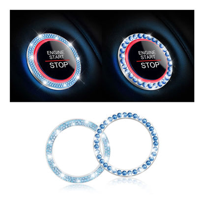 Picture of Car Bling Crystal Rhinestone Engine Start Ring Stickers, 1 Single Drainage Drill and 1 Double Drainage Drill Car Start Button Cover, Key Ignition Knob Bling Ring Decals, Bling Car Accessories(Blue)