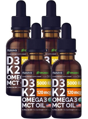 Picture of (4 Pack) Organic Vitamin D3 K2 Drops w MCT Oil Omega 3, 5000 IU, Maximum Strength Vitamin D Liquid 5000 IU, No Fillers, Non-GMO Liquid D3 for Faster Absorption & Immune Support, Unflavored, 4 Fl Oz