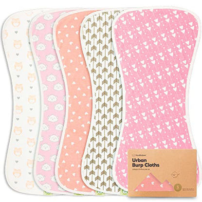 Picture of 5-Pack Organic Burp Cloths for Baby Boys and Girls - Ultra Absorbent Burping Cloth, Burp Clothes, Newborn Towel - Milk Spit Up Rags - Burpy Cloth Bib for Unisex, Boy, Girl - Burp Cloths (Pink Dreams)
